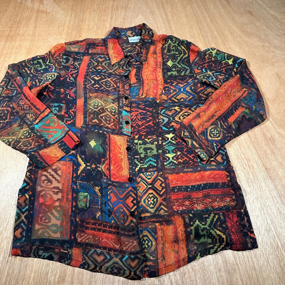 Chico's Button Down Shirt Women 1 Multicolor Silk Patchwork Boho Long Sleeve